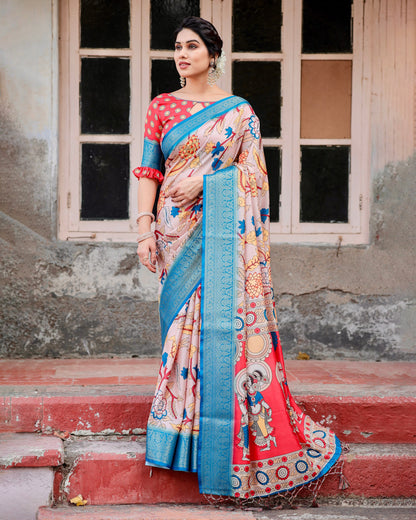 PURE SILK DIGITALLY PRINTED SAREE WEAVED WITH GOLDEN ZARI COMES WITH TASSELS