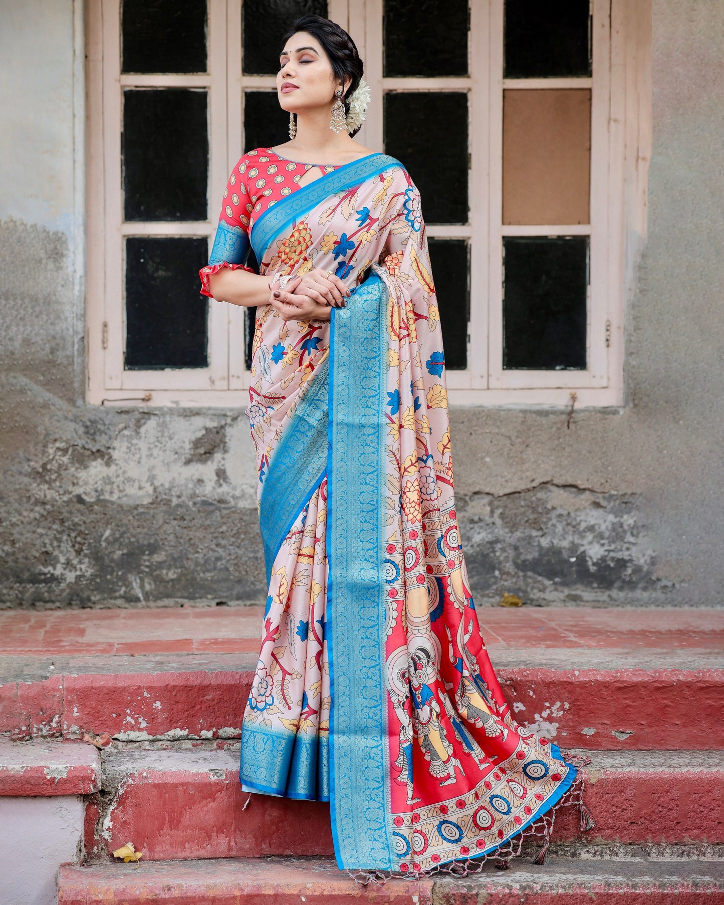 PURE SILK DIGITALLY PRINTED SAREE WEAVED WITH GOLDEN ZARI COMES WITH TASSELS