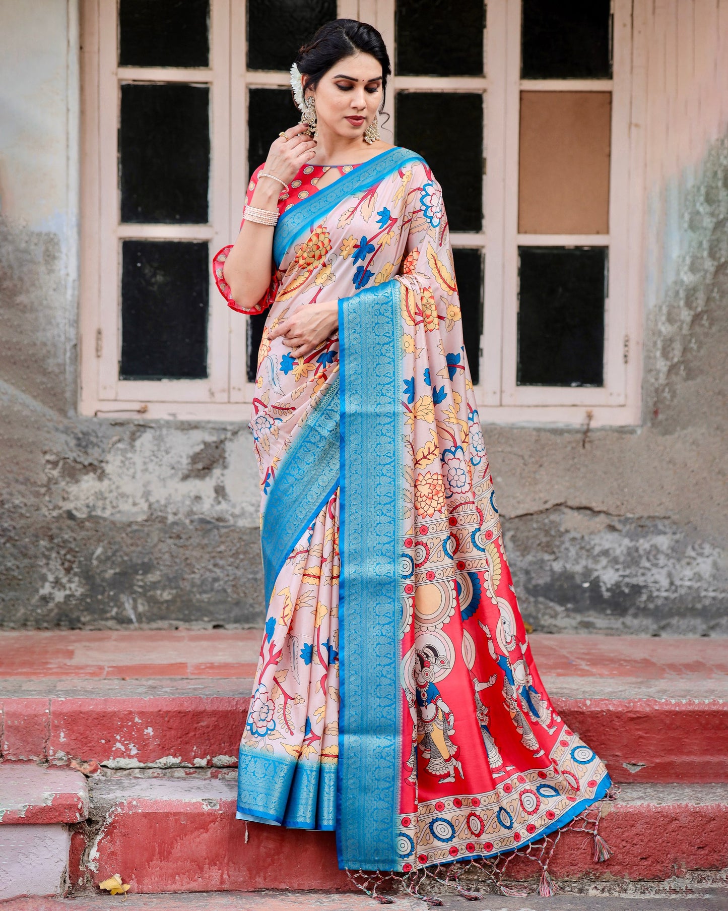 PURE SILK DIGITALLY PRINTED SAREE WEAVED WITH GOLDEN ZARI COMES WITH TASSELS