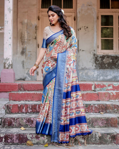 PURE SILK DIGITALLY PRINTED SAREE WEAVED WITH GOLDEN ZARI COMES WITH TASSELS