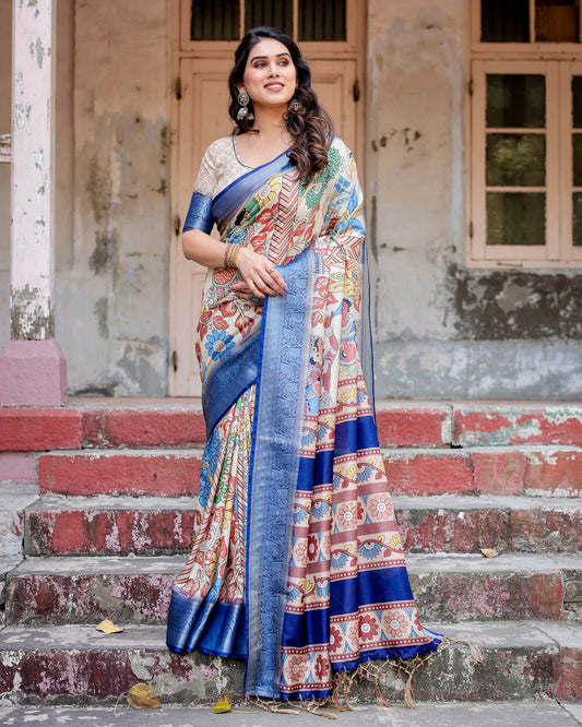 PURE SILK DIGITALLY PRINTED SAREE WEAVED WITH GOLDEN ZARI COMES WITH TASSELS