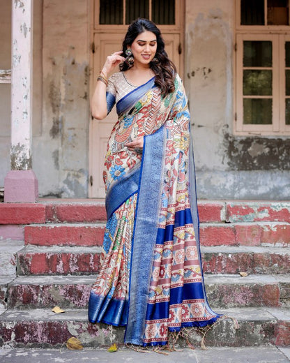 PURE SILK DIGITALLY PRINTED SAREE WEAVED WITH GOLDEN ZARI COMES WITH TASSELS