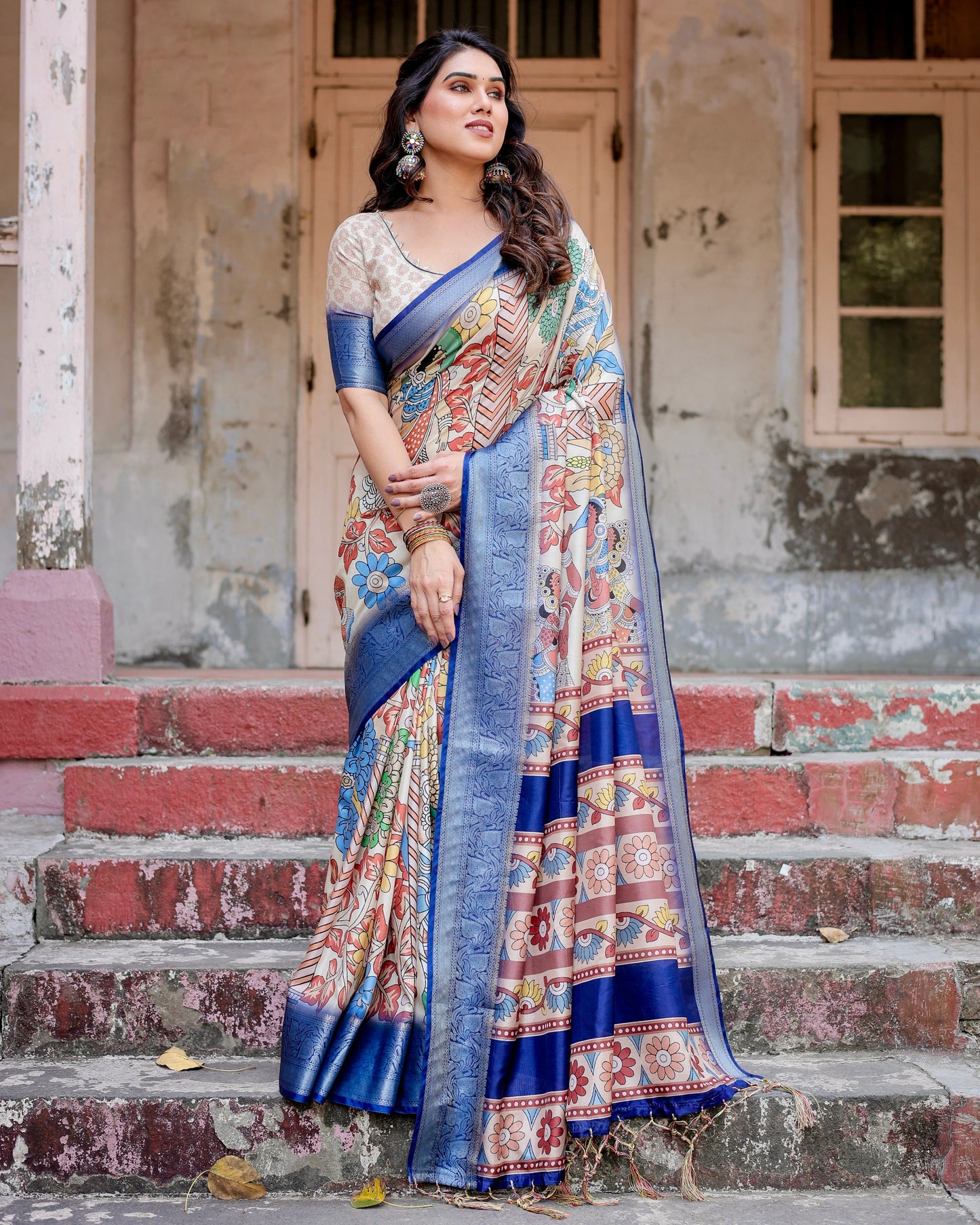 PURE SILK DIGITALLY PRINTED SAREE WEAVED WITH GOLDEN ZARI COMES WITH TASSELS