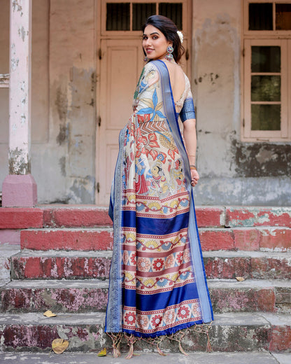 PURE SILK DIGITALLY PRINTED SAREE WEAVED WITH GOLDEN ZARI COMES WITH TASSELS