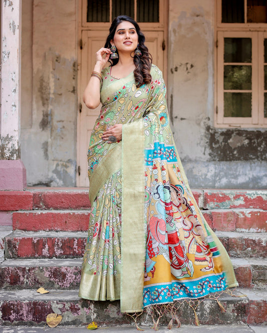 PURE SILK DIGITALLY PRINTED SAREE WEAVED WITH GOLDEN ZARI COMES WITH TASSELS