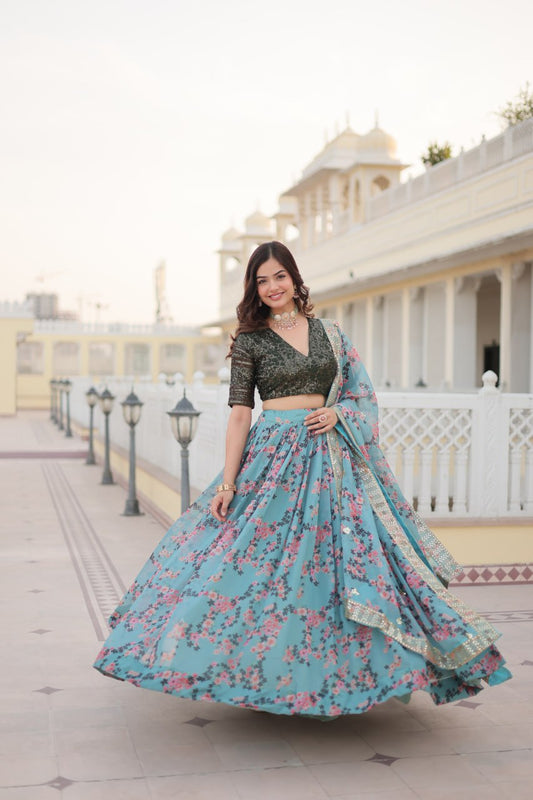 Premium Digital Printed Russian Silk Fabric Lehenga choli