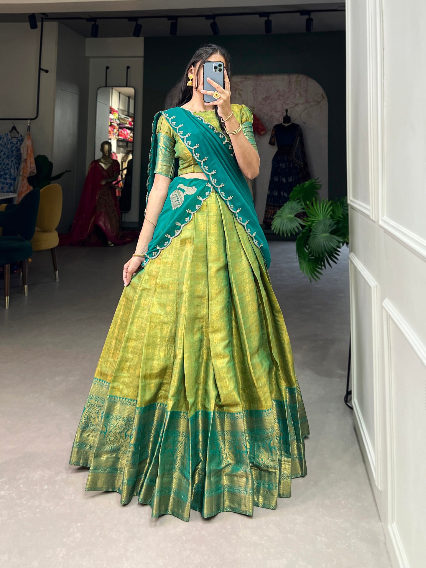 Parrot Color Zari Weaving Work Kanjivaram Wedding Lehenga Choli