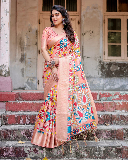 PURE SILK DIGITALLY PRINTED SAREE WEAVED WITH GOLDEN ZARI COMES WITH TASSELS