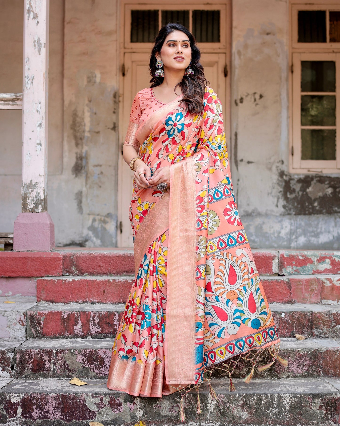 PURE SILK DIGITALLY PRINTED SAREE WEAVED WITH GOLDEN ZARI COMES WITH TASSELS