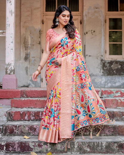 PURE SILK DIGITALLY PRINTED SAREE WEAVED WITH GOLDEN ZARI COMES WITH TASSELS