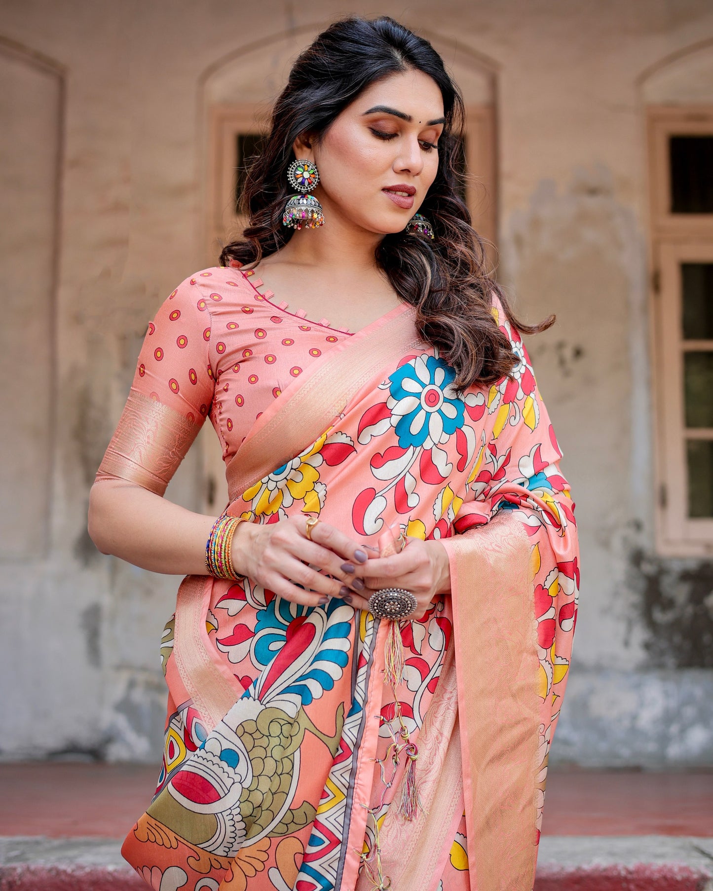 PURE SILK DIGITALLY PRINTED SAREE WEAVED WITH GOLDEN ZARI COMES WITH TASSELS