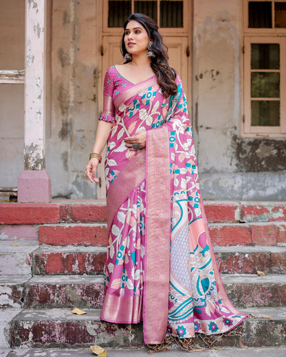 PURE SILK DIGITALLY PRINTED SAREE WEAVED WITH GOLDEN ZARI COMES WITH TASSELS