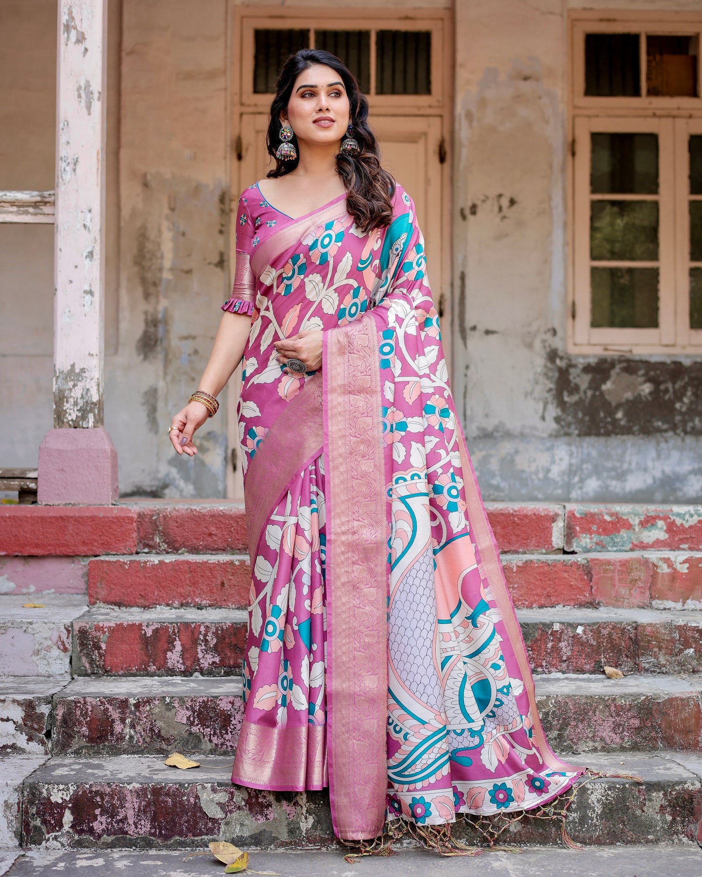 PURE SILK DIGITALLY PRINTED SAREE WEAVED WITH GOLDEN ZARI COMES WITH TASSELS