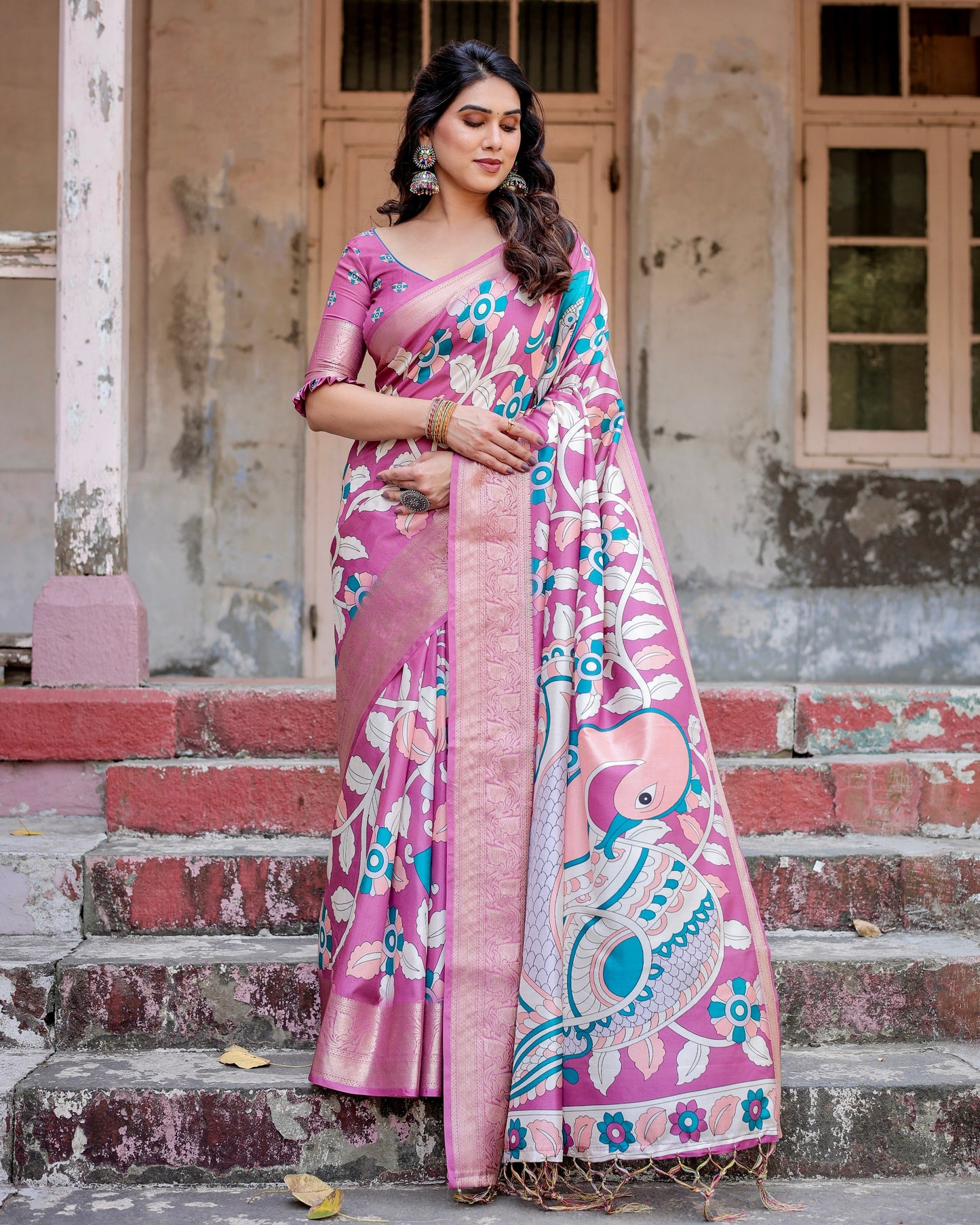 PURE SILK DIGITALLY PRINTED SAREE WEAVED WITH GOLDEN ZARI COMES WITH TASSELS