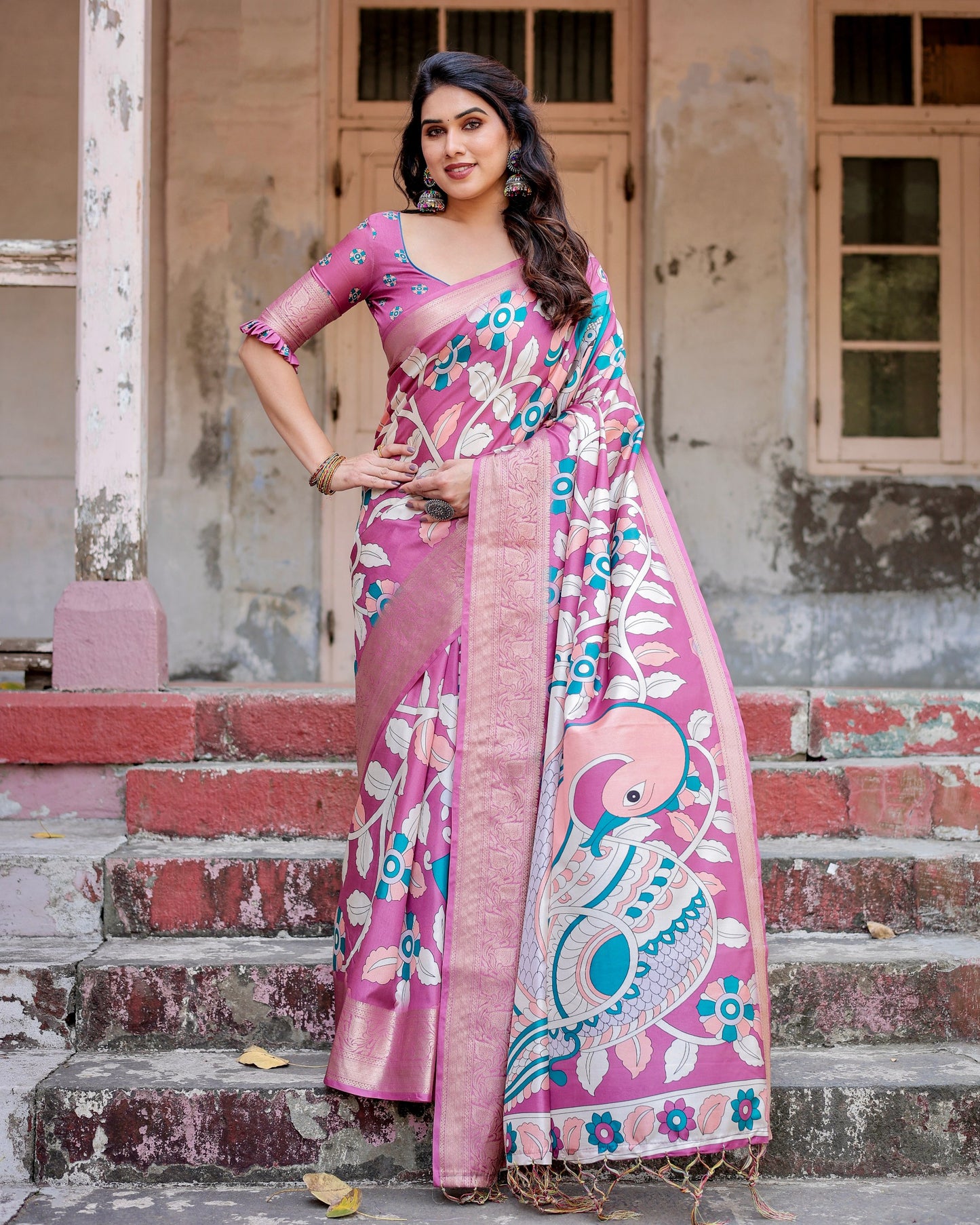 PURE SILK DIGITALLY PRINTED SAREE WEAVED WITH GOLDEN ZARI COMES WITH TASSELS