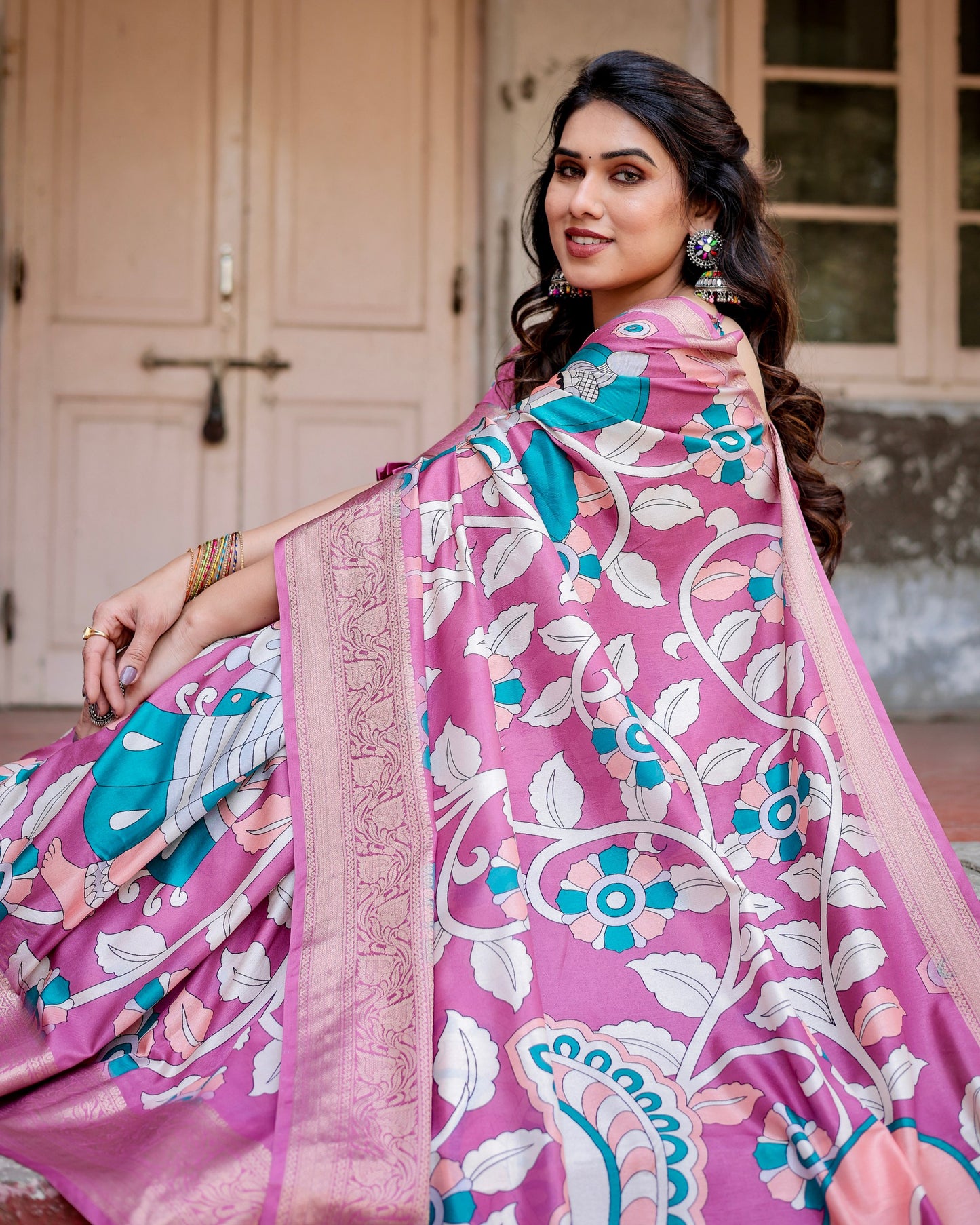 PURE SILK DIGITALLY PRINTED SAREE WEAVED WITH GOLDEN ZARI COMES WITH TASSELS