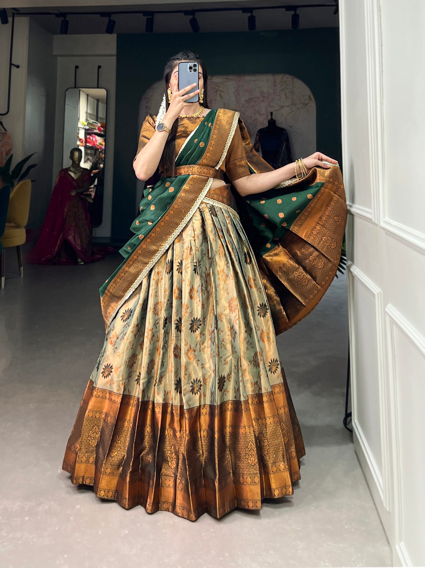 Green Color Zari Weaving Work Jacquard Silk Lehenga Choli