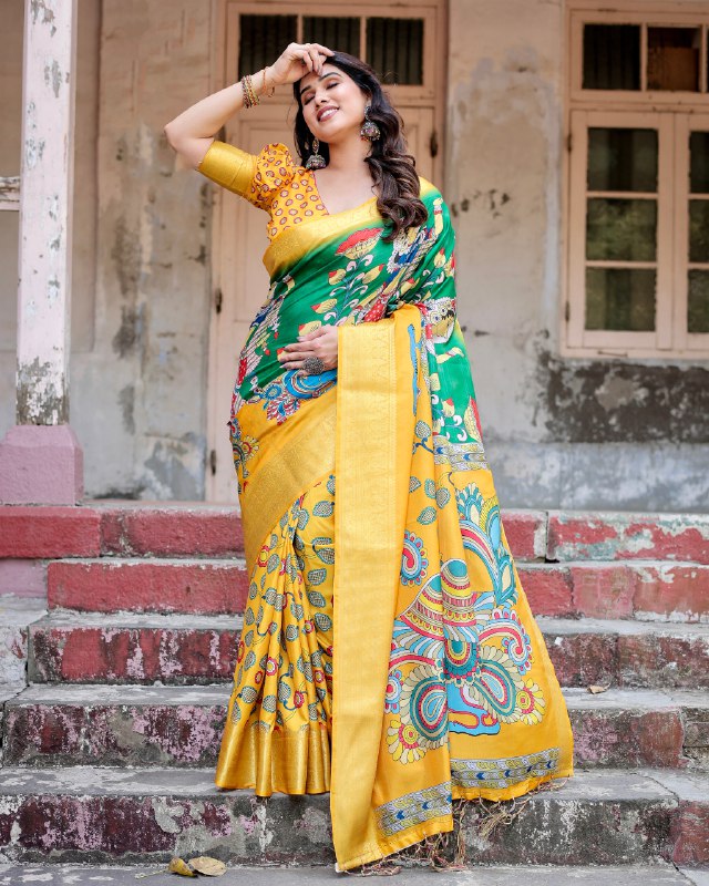 PURE SILK DIGITALLY PRINTED SAREE WEAVED WITH GOLDEN ZARI COMES WITH TASSELS