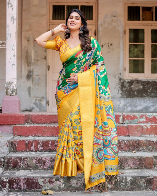 PURE SILK DIGITALLY PRINTED SAREE WEAVED WITH GOLDEN ZARI COMES WITH TASSELS