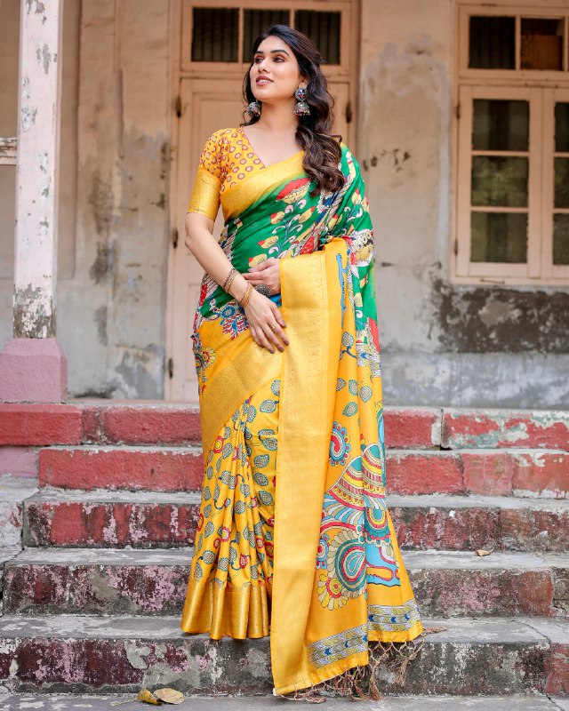 PURE SILK DIGITALLY PRINTED SAREE WEAVED WITH GOLDEN ZARI COMES WITH TASSELS