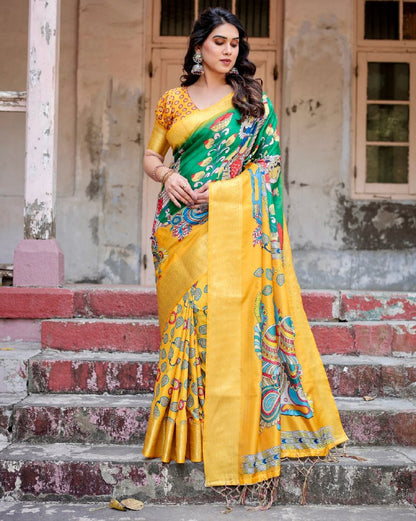 PURE SILK DIGITALLY PRINTED SAREE WEAVED WITH GOLDEN ZARI COMES WITH TASSELS