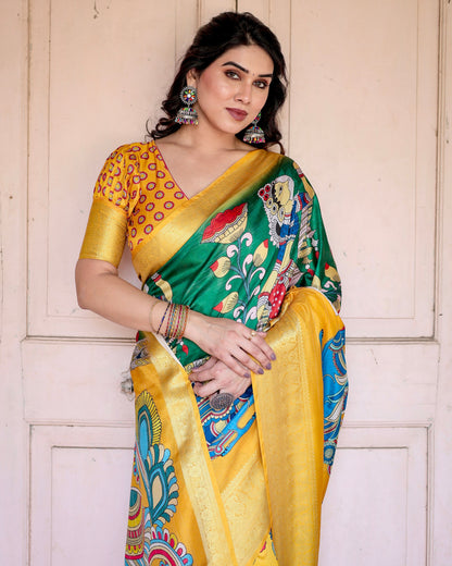 PURE SILK DIGITALLY PRINTED SAREE WEAVED WITH GOLDEN ZARI COMES WITH TASSELS