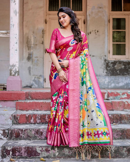 PURE SILK DIGITALLY PRINTED SAREE WEAVED WITH GOLDEN ZARI COMES WITH TASSELS