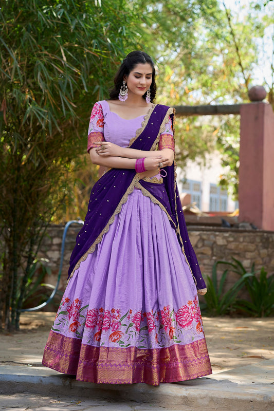 Lavender Color Thread Embroidery Work Cotton Silk Lehenga Choli