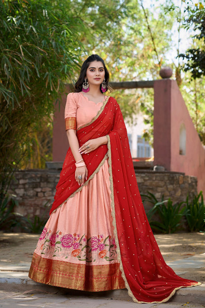 Peach Color Thread Embroidery Work Cotton Silk Lehenga Choli