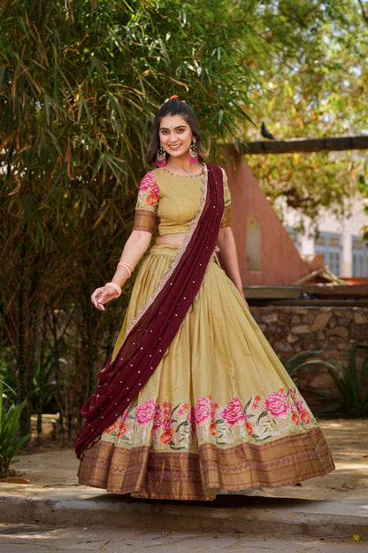 Cream Color Thread Embroidery Work Cotton Silk Lehenga Choli