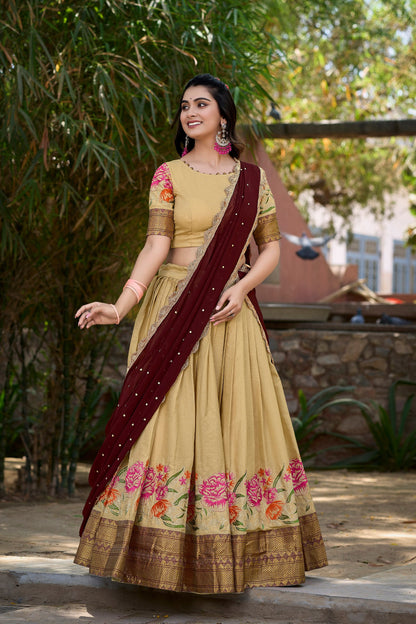 Cream Color Thread Embroidery Work Cotton Silk Lehenga Choli