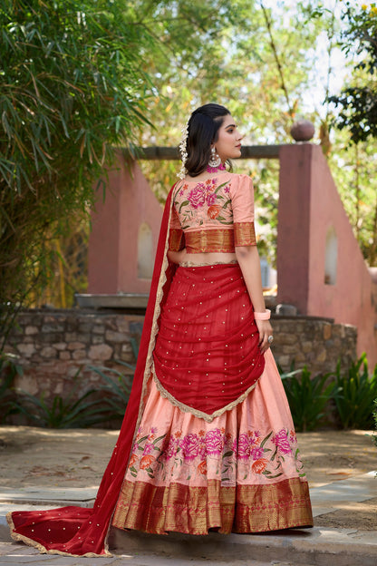 Peach Color Thread Embroidery Work Cotton Silk Lehenga Choli