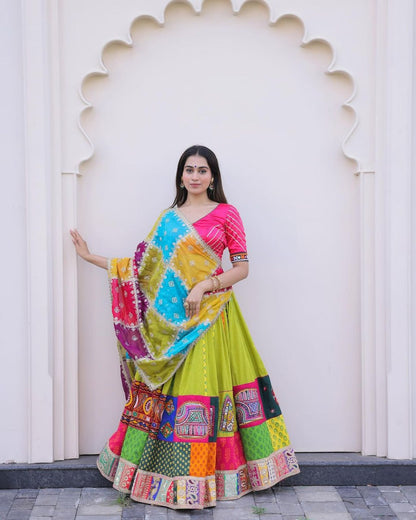 Pink Green Multi Color Fancy Digital Print Work Real Mirror Work Navratri Lehenga