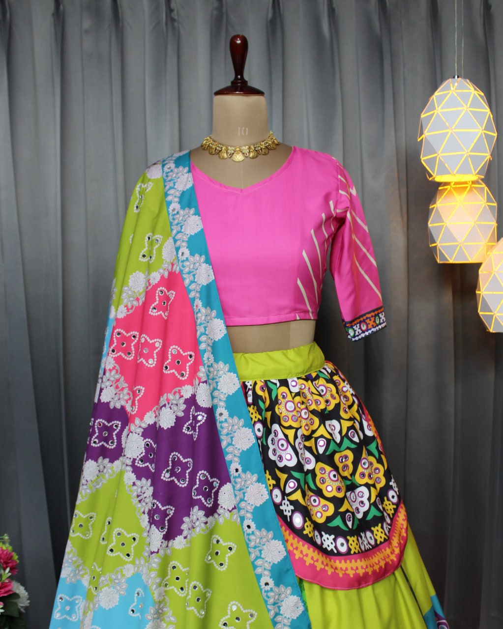 Pink Green Multi Color Fancy Digital Print Work Real Mirror Work Navratri Lehenga