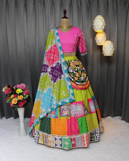 Pink Green Multi Color Fancy Digital Print Work Real Mirror Work Navratri Lehenga