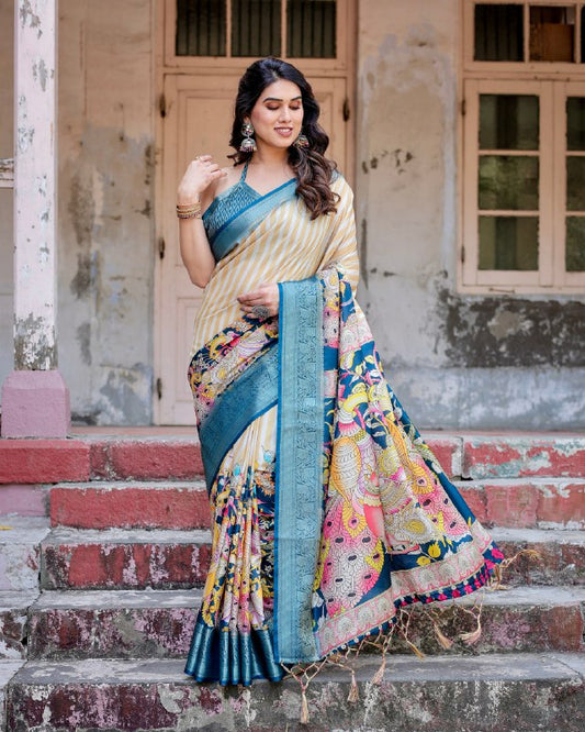 PURE SILK DIGITALLY PRINTED SAREE WEAVED WITH GOLDEN ZARI COMES WITH TASSELS