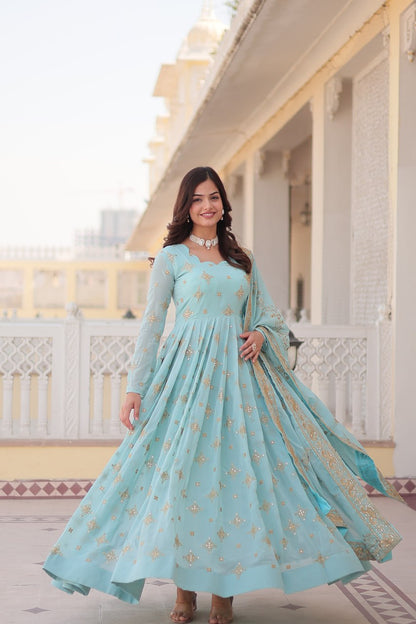 SKY BLUE PREMIUM DESIGNER FAUX GEORGETTE WITH ZARI SEQUINS EMBROIDERY GOWN