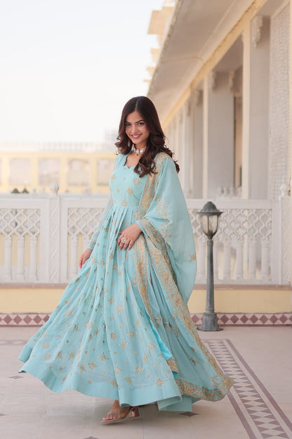 SKY BLUE PREMIUM DESIGNER FAUX GEORGETTE WITH ZARI SEQUINS EMBROIDERY GOWN