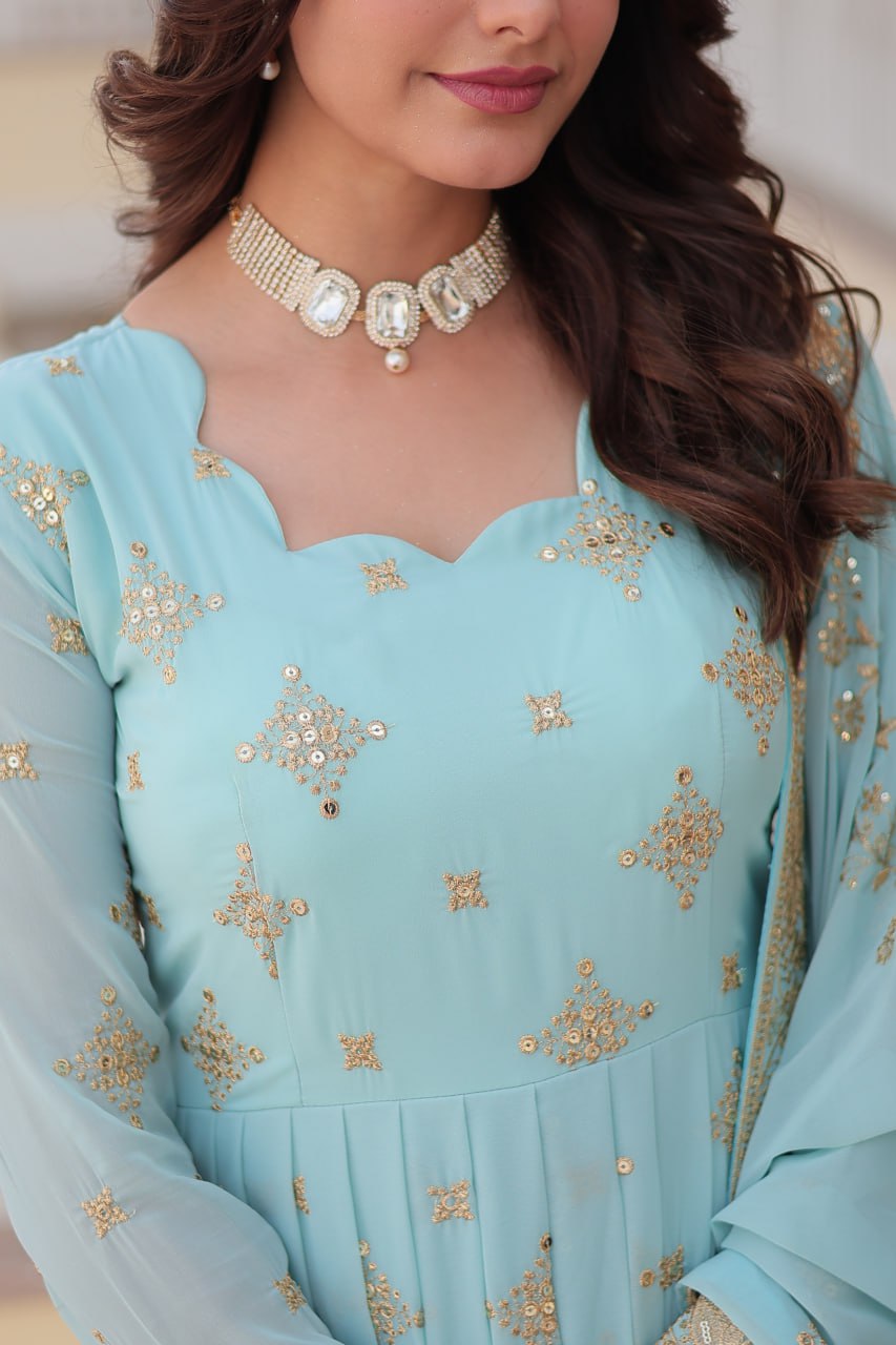 SKY BLUE PREMIUM DESIGNER FAUX GEORGETTE WITH ZARI SEQUINS EMBROIDERY GOWN