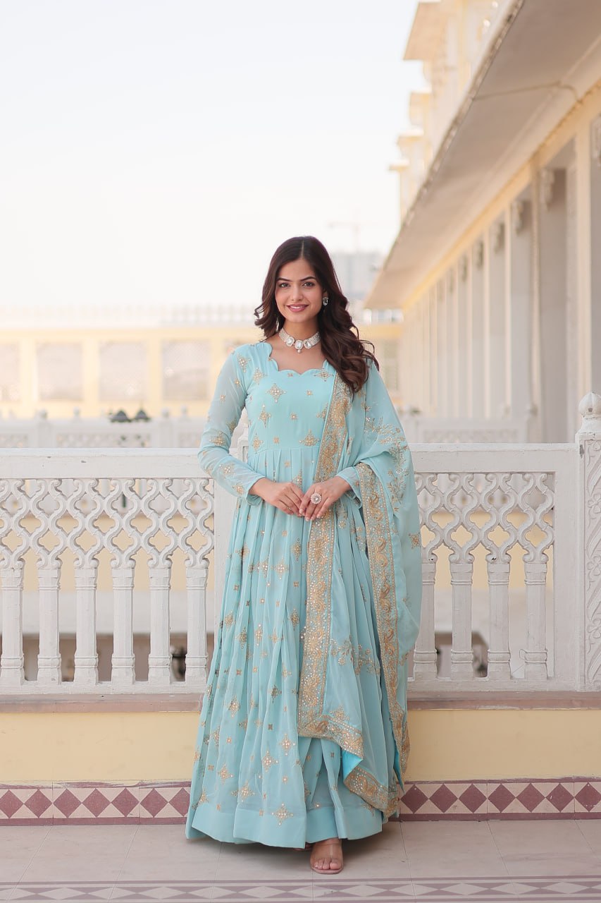 SKY BLUE PREMIUM DESIGNER FAUX GEORGETTE WITH ZARI SEQUINS EMBROIDERY GOWN