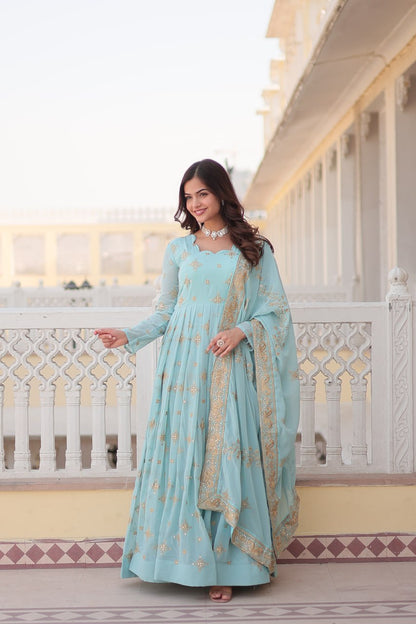 SKY BLUE PREMIUM DESIGNER FAUX GEORGETTE WITH ZARI SEQUINS EMBROIDERY GOWN