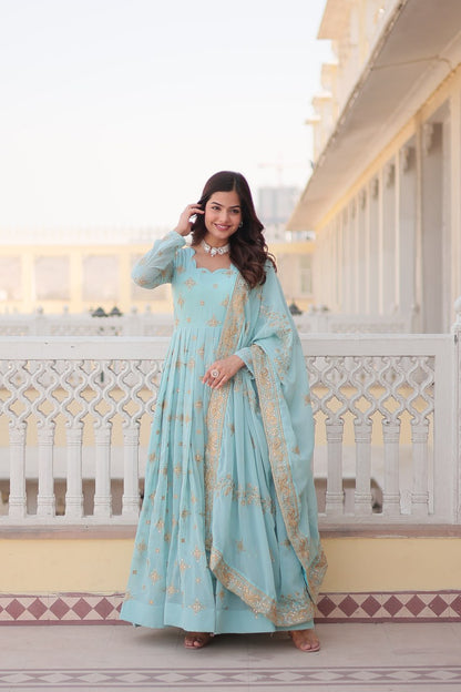 SKY BLUE PREMIUM DESIGNER FAUX GEORGETTE WITH ZARI SEQUINS EMBROIDERY GOWN