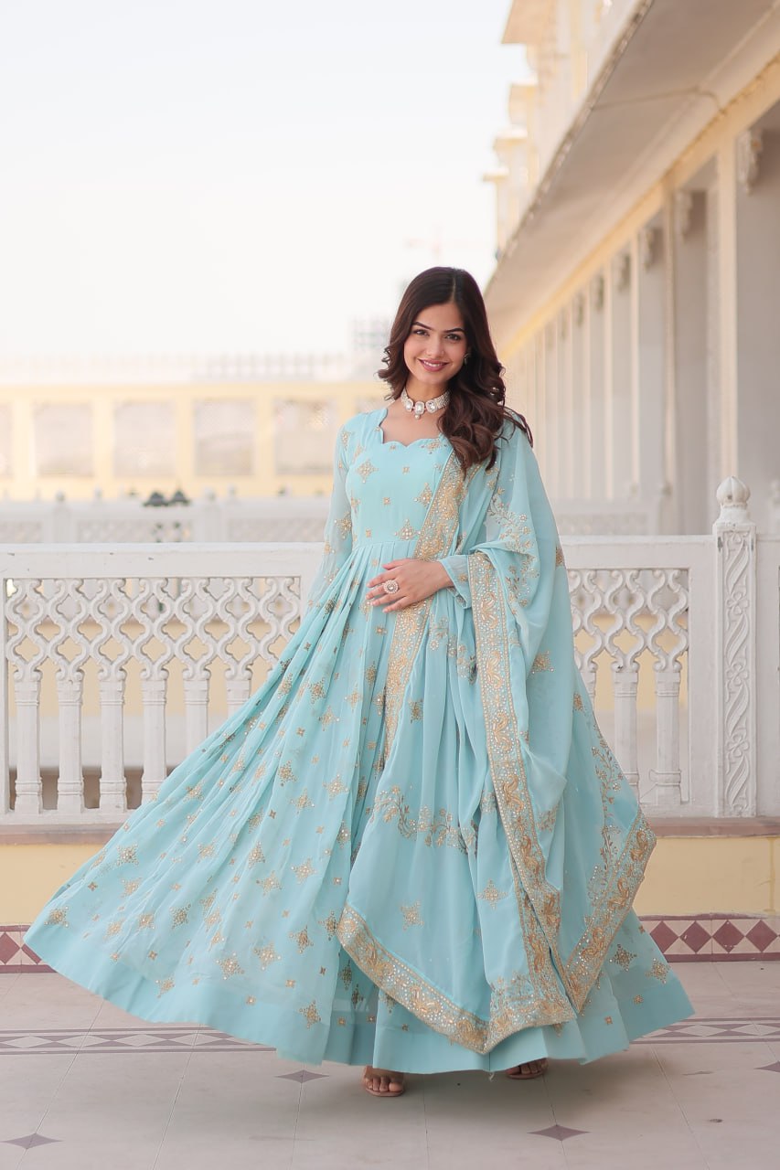 SKY BLUE PREMIUM DESIGNER FAUX GEORGETTE WITH ZARI SEQUINS EMBROIDERY GOWN