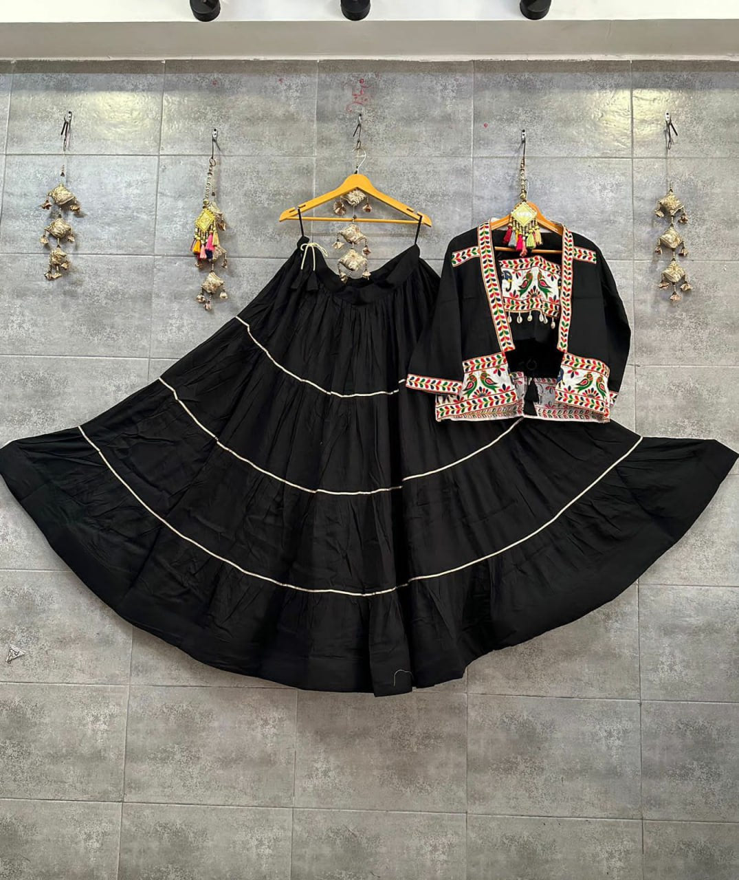 Black Color Reyon Cotton Gota Lace And Gamthi Work Navratri Special Lehenga Choli