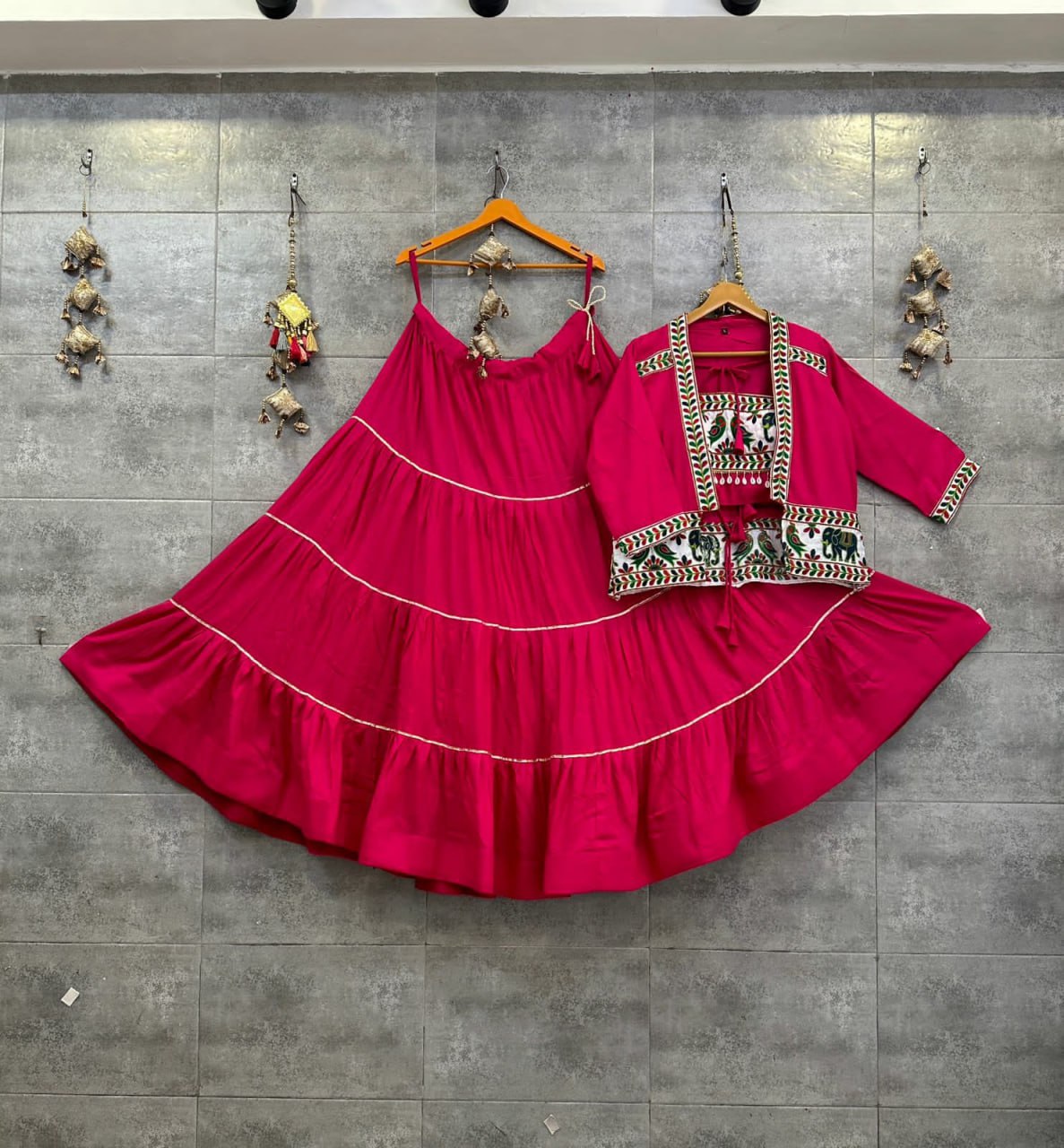 Pink Color Reyon Cotton Gota Lace And Gamthi Work Navratri Special Lehenga Choli