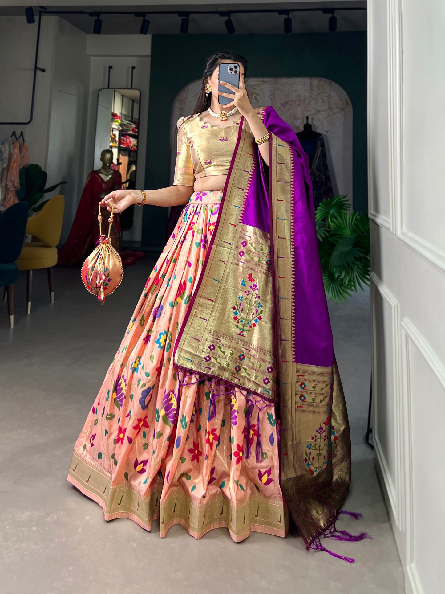 Peach Color Jacquard Silk (Paithani) Weaving Zari Work South Lehenga Choli