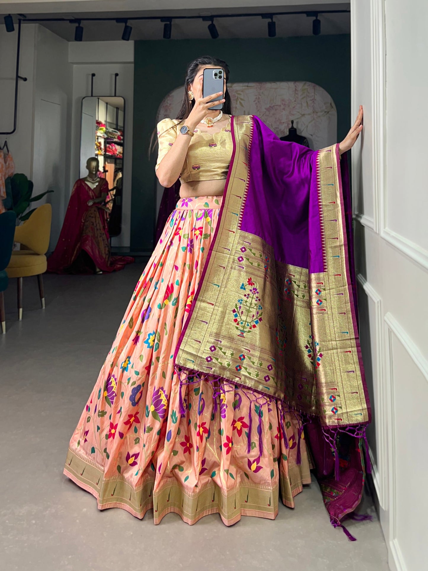 Peach Color Jacquard Silk (Paithani) Weaving Zari Work South Lehenga Choli