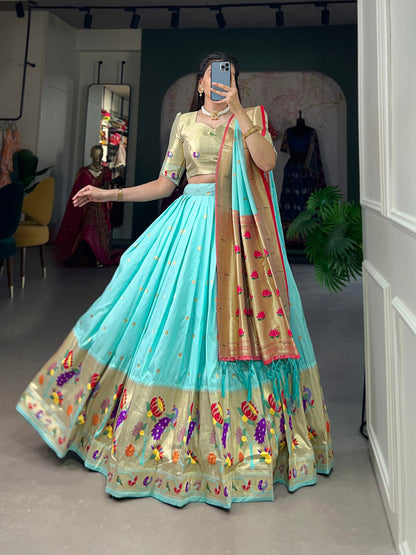 Sky Blue Color Jacquard Silk (Paithani) Weaving Zari Work Marathi Lehenga Choli