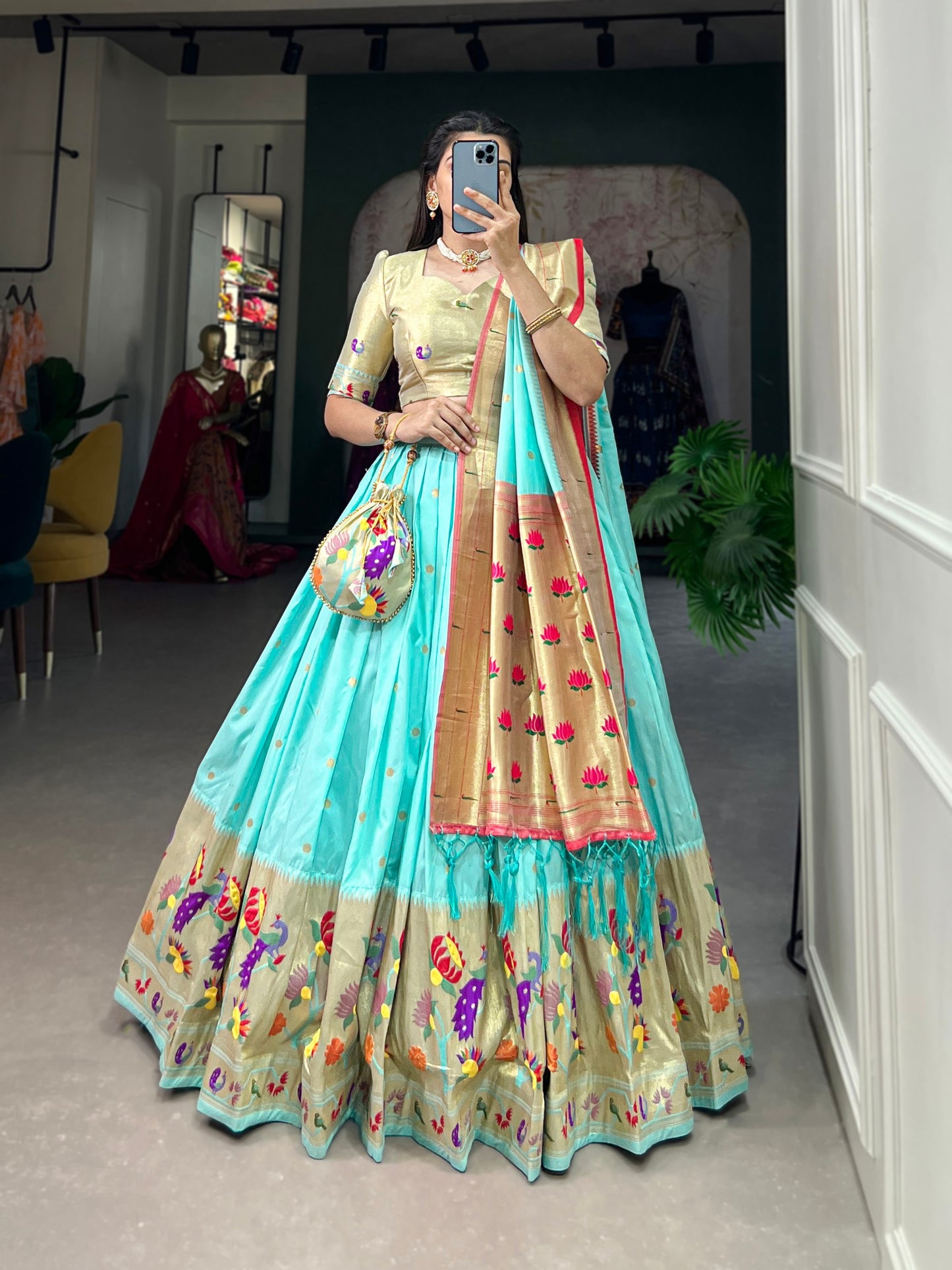 Sky Blue Color Jacquard Silk (Paithani) Weaving Zari Work Marathi Lehenga Choli