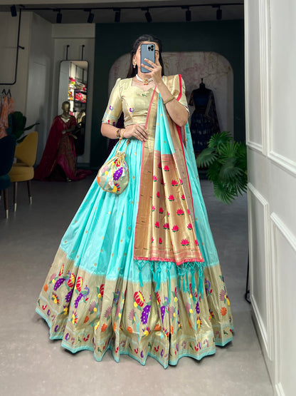 Sky Blue Color Jacquard Silk (Paithani) Weaving Zari Work Marathi Lehenga Choli